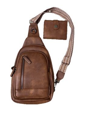 Cluci Sling Bag w/Matching Wallet Brown Leather Crossbody Euro Summer Travel NEW